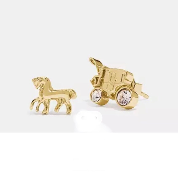 Coach pave gold plated Horse And Carriage CZ crystal Stud Earrings new - Picture 1 of 4